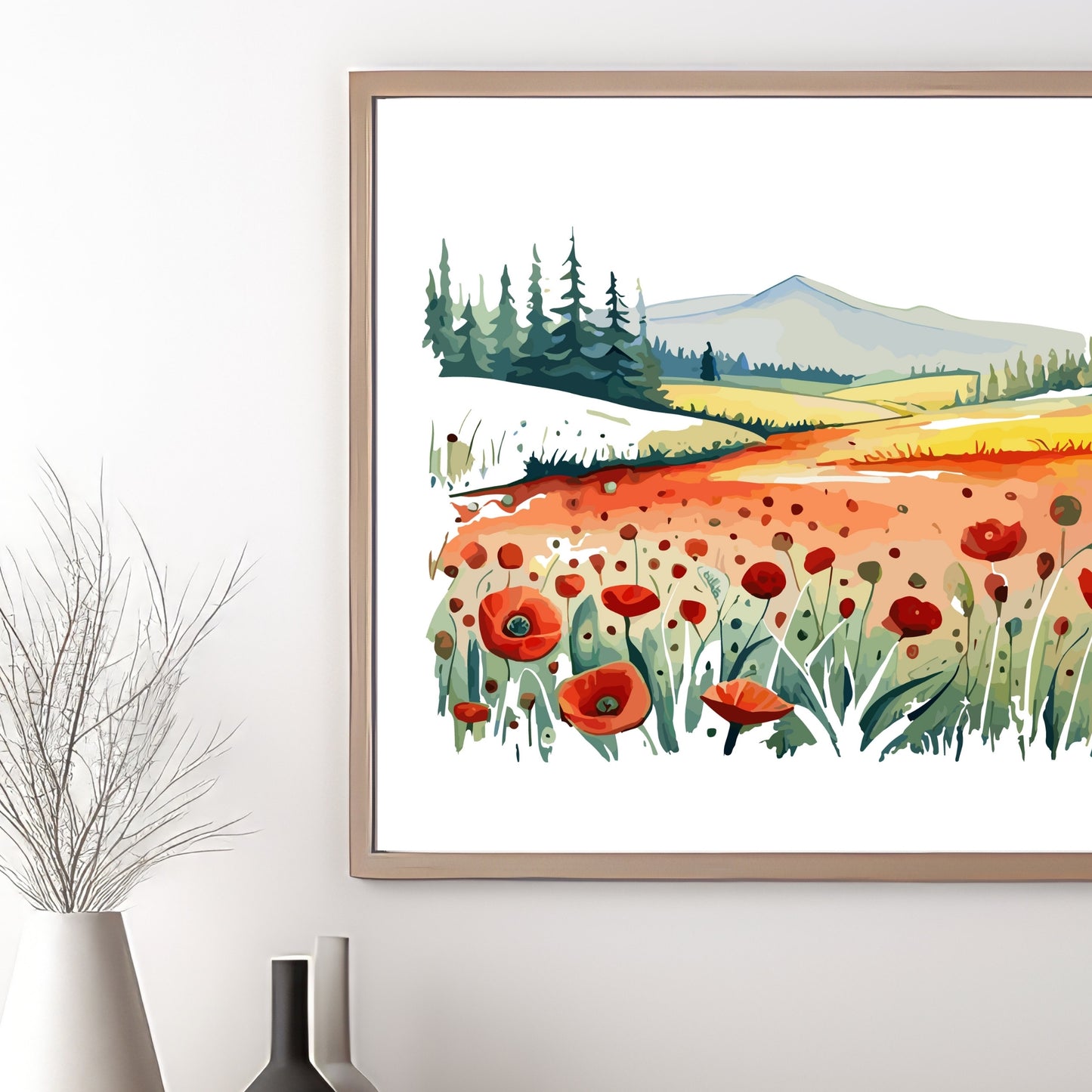 Forvandle ditt hjem med den sjarmerende skjønnheten av vår "Poppies Fields" plakat, en del av en eksklusiv serie grafiske akvarellmalerier. Illustrasjonsfoto viser motivet i en eikeramme.