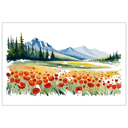 Forvandle ditt hjem med den sjarmerende skjønnheten av vår "Poppies Fields" plakat, en del av en eksklusiv serie grafiske akvarellmalerier.