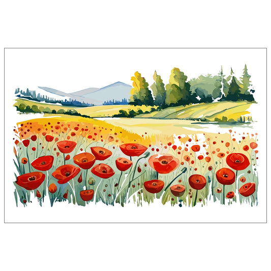 Forvandle ditt hjem med den sjarmerende skjønnheten av vår "Poppies Fields" plakat, en del av en eksklusiv serie grafiske akvarellmalerier.
