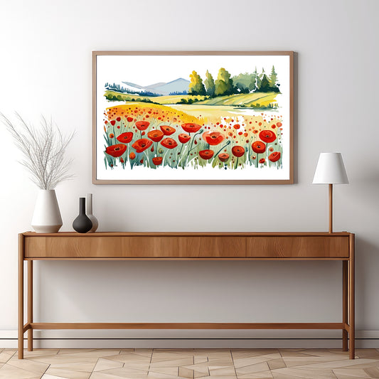 Forvandle ditt hjem med den sjarmerende skjønnheten av vår "Poppies Fields" plakat, en del av en eksklusiv serie grafiske akvarellmalerier. Illustrasjonsfoto viser motivet i en eikeramme.