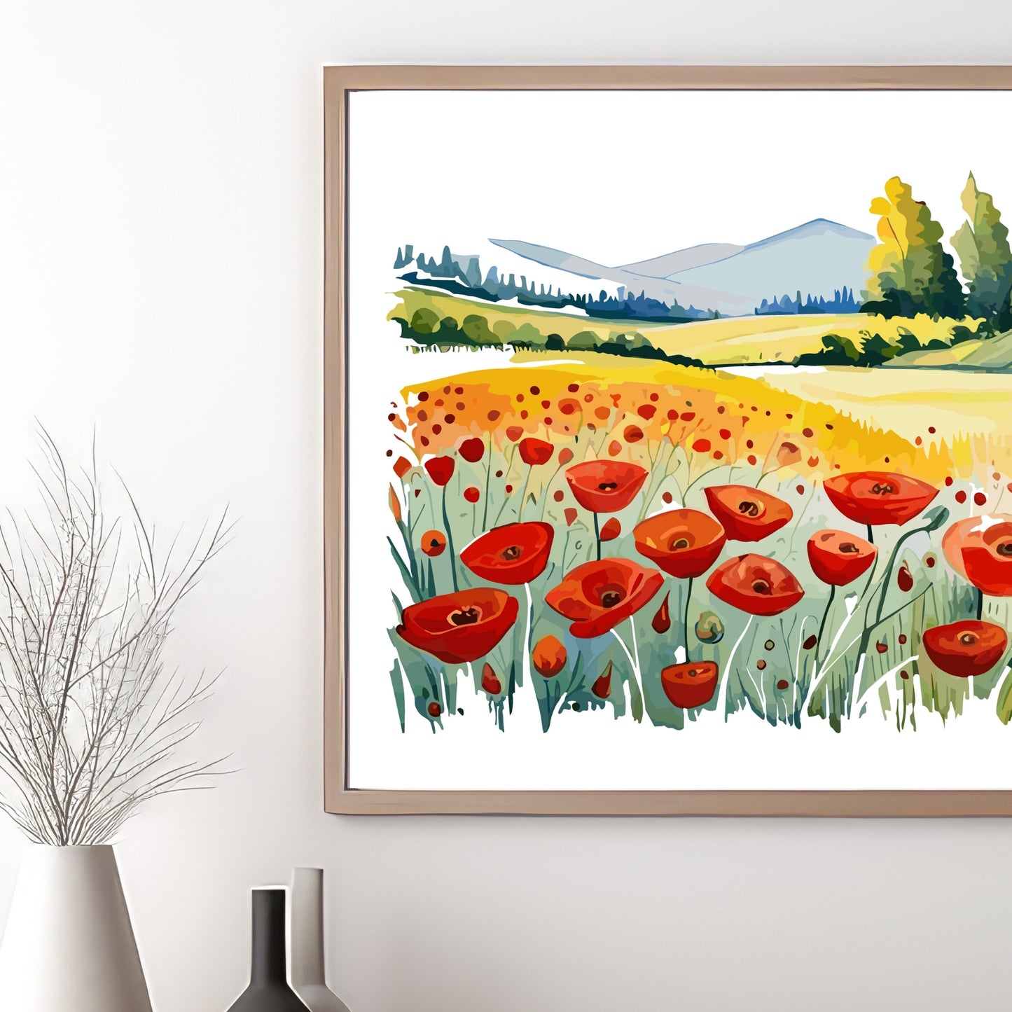 Forvandle ditt hjem med den sjarmerende skjønnheten av vår "Poppies Fields" plakat, en del av en eksklusiv serie grafiske akvarellmalerier. Illustrasjonsfoto viser motivet i en eikeramme.
