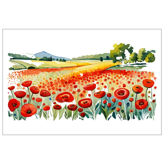 Forvandle ditt hjem med den sjarmerende skjønnheten av vår "Poppies Fields" plakat, en del av en eksklusiv serie grafiske akvarellmalerier.