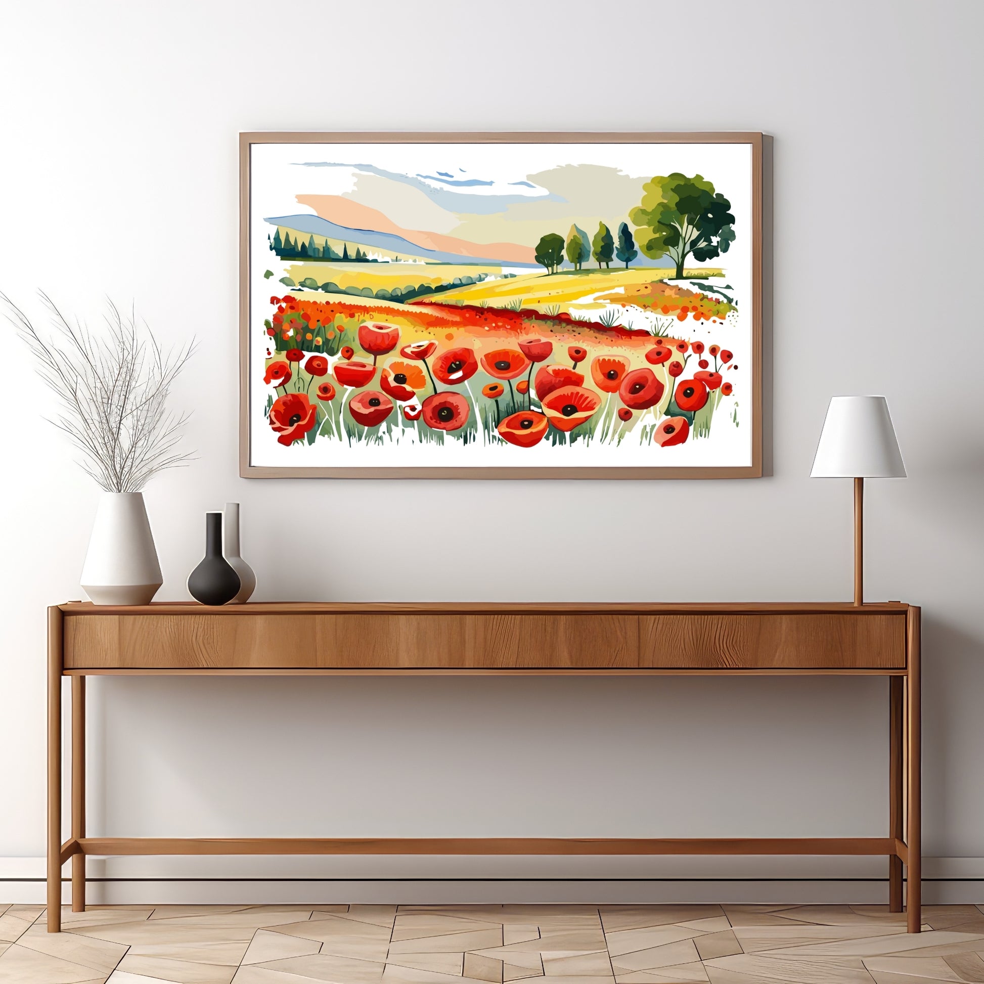 Forvandle ditt hjem med den sjarmerende skjønnheten av vår "Poppies Fields" plakat, en del av en eksklusiv serie grafiske akvarellmalerier. Illustrasjonsfoto viser motivet i en eikeramme.