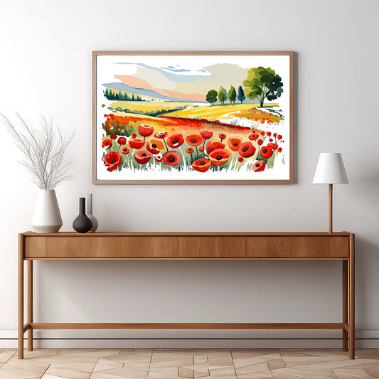 Forvandle ditt hjem med den sjarmerende skjønnheten av vår "Poppies Fields" plakat, en del av en eksklusiv serie grafiske akvarellmalerier. Illustrasjonsfoto viser motivet i en eikeramme.