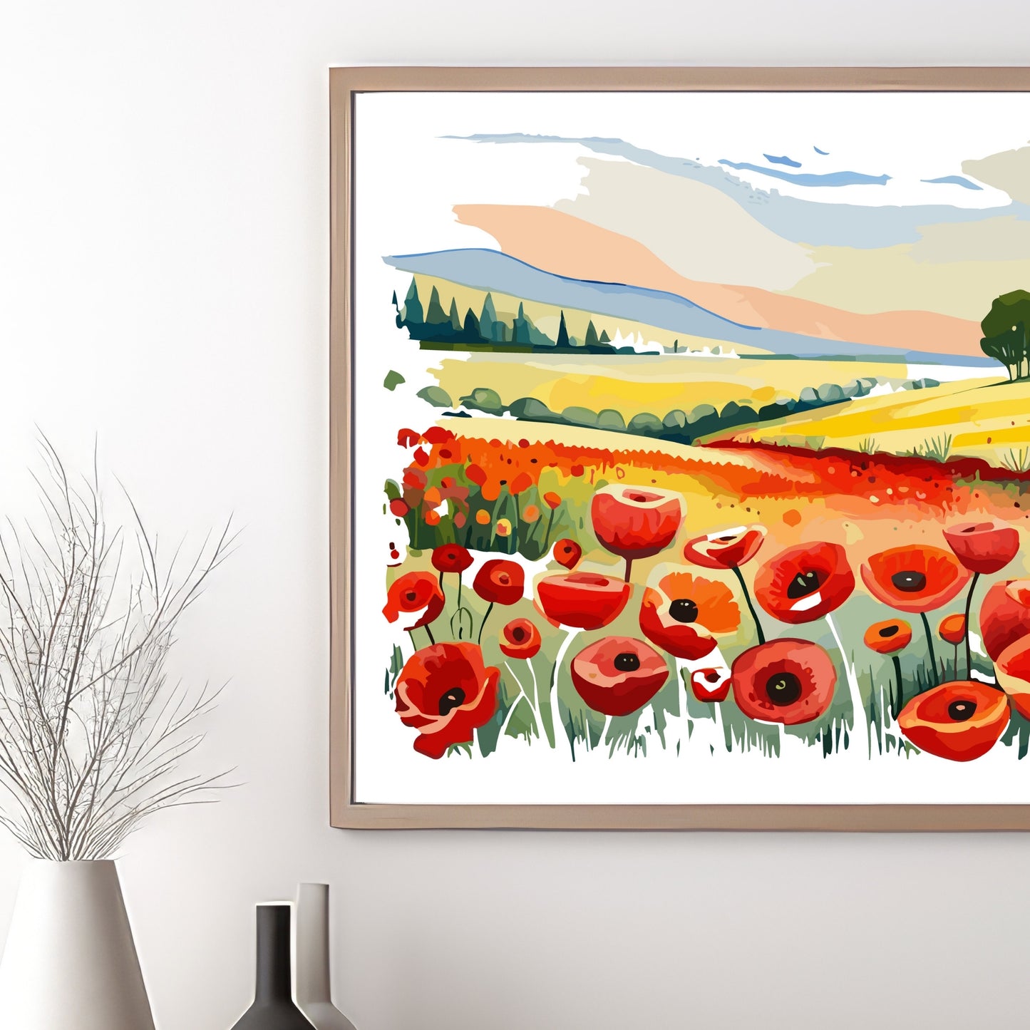 Forvandle ditt hjem med den sjarmerende skjønnheten av vår "Poppies Fields" plakat, en del av en eksklusiv serie grafiske akvarellmalerier. Illustrasjonsfoto viser motivet i en eikeramme.