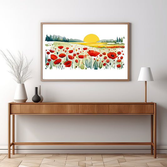 Forvandle ditt hjem med den sjarmerende skjønnheten av vår "Poppies Fields" plakat, en del av en eksklusiv serie grafiske akvarellmalerier. Illustrasjonsfoto viser motivet i en eikeramme.