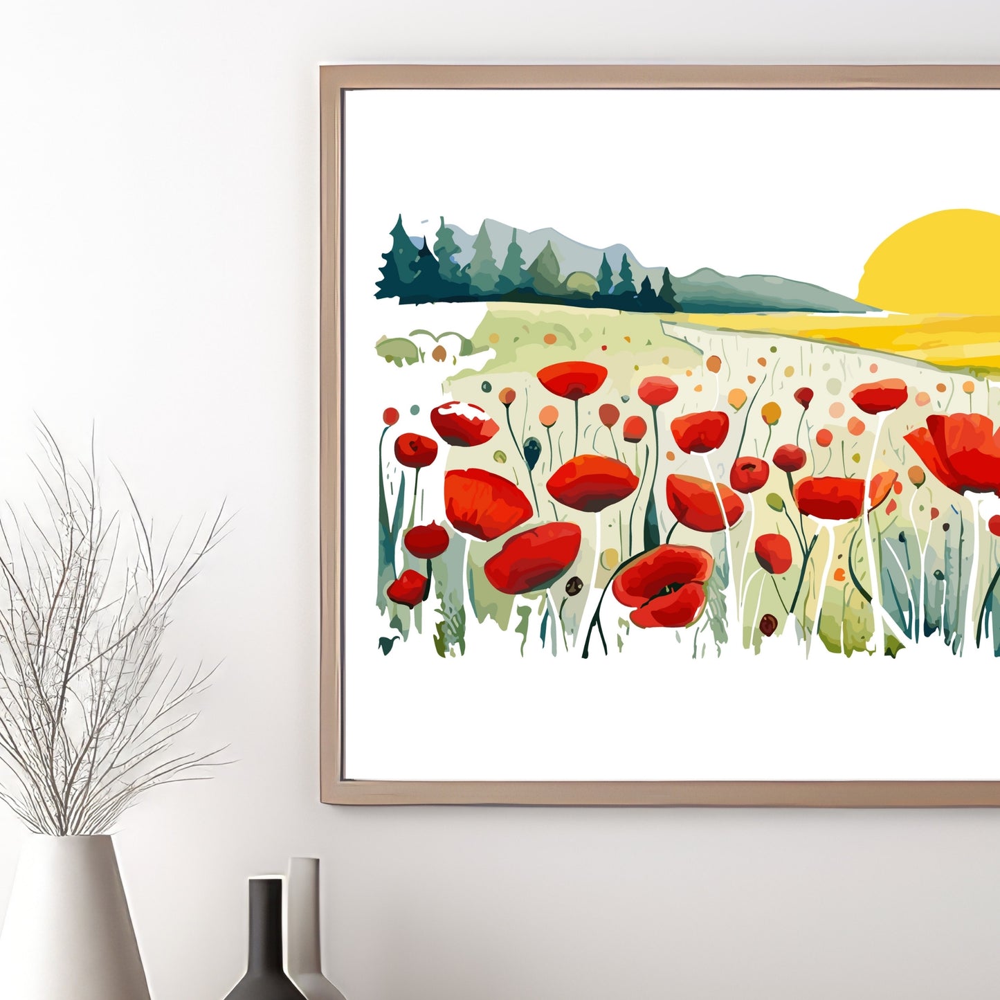 Forvandle ditt hjem med den sjarmerende skjønnheten av vår "Poppies Fields" plakat, en del av en eksklusiv serie grafiske akvarellmalerier. Illustrasjonsfoto viser motivet i en eikeramme.