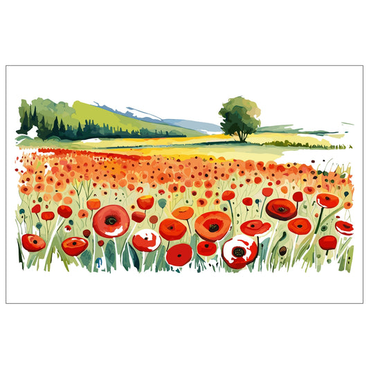 Forvandle ditt hjem med den sjarmerende skjønnheten av vår "Poppies Fields" plakat, en del av en eksklusiv serie grafiske akvarellmalerier.