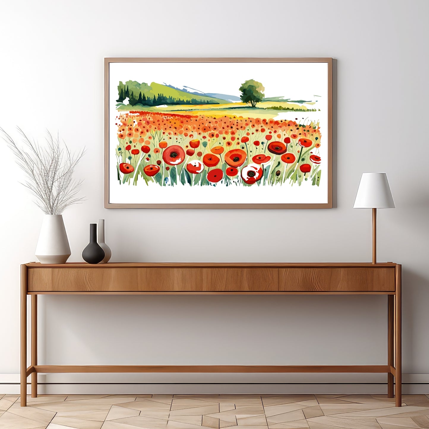 Forvandle ditt hjem med den sjarmerende skjønnheten av vår "Poppies Fields" plakat, en del av en eksklusiv serie grafiske akvarellmalerier. Illustrasjonsfoto viser motivet i en eikeramme.