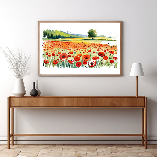 Forvandle ditt hjem med den sjarmerende skjønnheten av vår "Poppies Fields" plakat, en del av en eksklusiv serie grafiske akvarellmalerier. Illustrasjonsfoto viser motivet i en eikeramme.