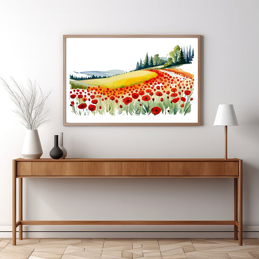 Forvandle ditt hjem med den sjarmerende skjønnheten av vår "Poppies Fields" plakat, en del av en eksklusiv serie grafiske akvarellmalerier. Illustrasjonsfoto viser motivet i en eikeramme.