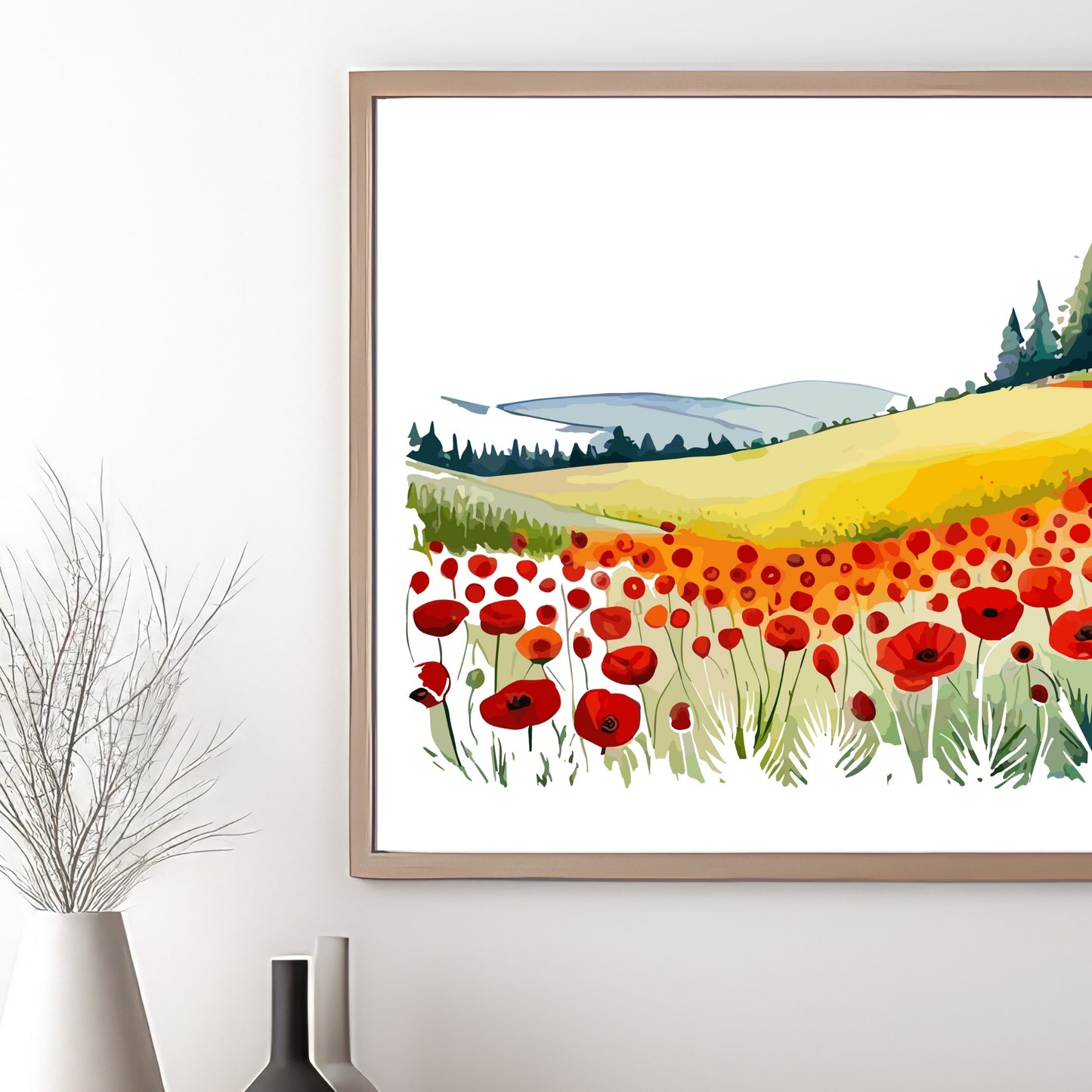 Forvandle ditt hjem med den sjarmerende skjønnheten av vår "Poppies Fields" plakat, en del av en eksklusiv serie grafiske akvarellmalerier. Illustrasjonsfoto viser motivet i en eikeramme.