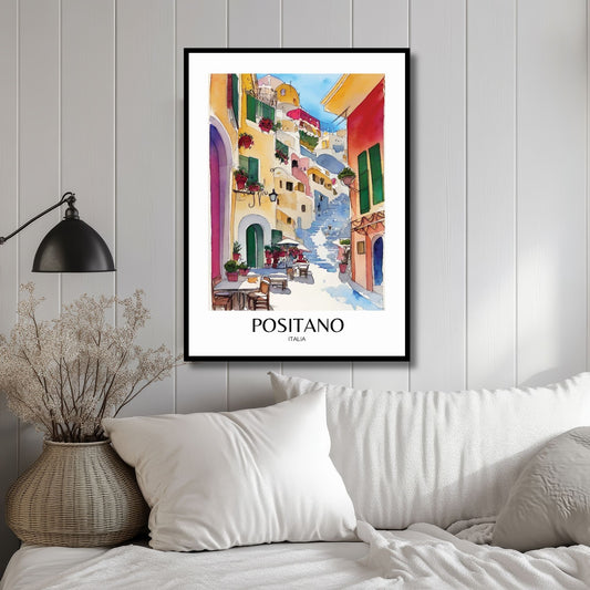 Inviter Positanos sjarm inn i hjemmet ditt med vår elegante plakat Positano No3. Illustrasjon viser plakat med tekst i sort ramme.