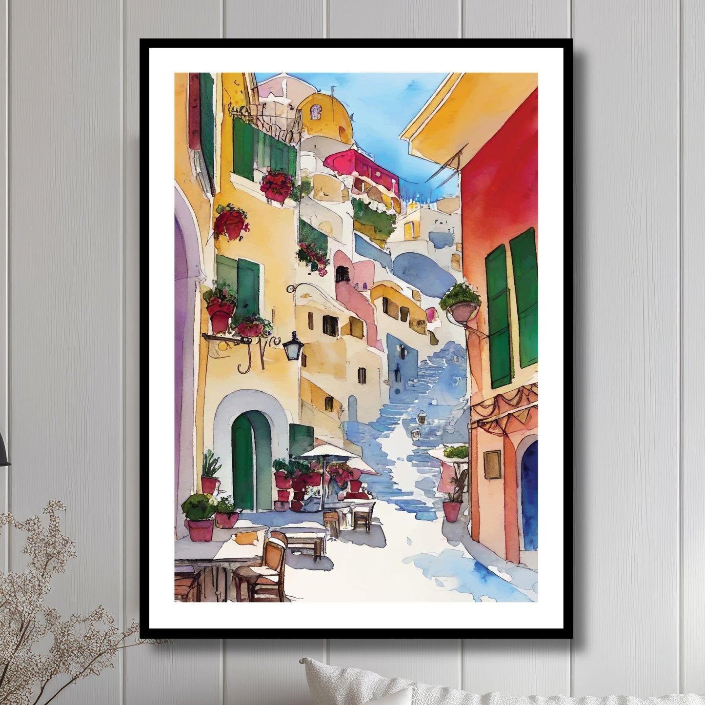 Inviter Positanos sjarm inn i hjemmet ditt med vår elegante plakat Positano No3. Illustrasjon viser plakat i sort ramme.