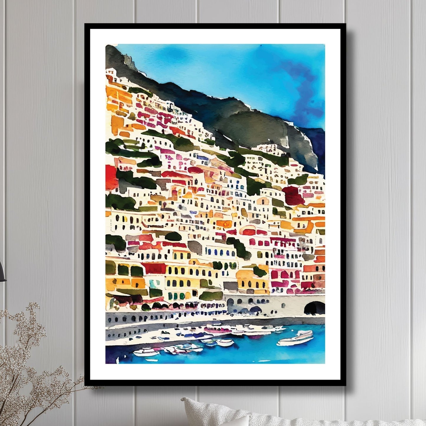 Opplev Positanos ikoniske skjønnhet med vår plakat Positano No5. Illustrasjon viser plakat i sort ramme.