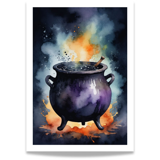 “Potion Cauldron” viser en mørk heksegryte i dyp lilla, omgitt av flammer og glødende damp.