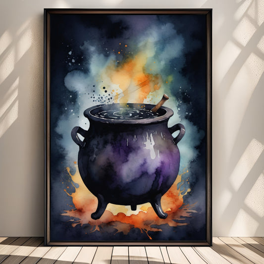 “Potion Cauldron” viser en mørk heksegryte i dyp lilla, omgitt av flammer og glødende damp. Illustrasjon viser plakat uten hvit kant i sort ramme.