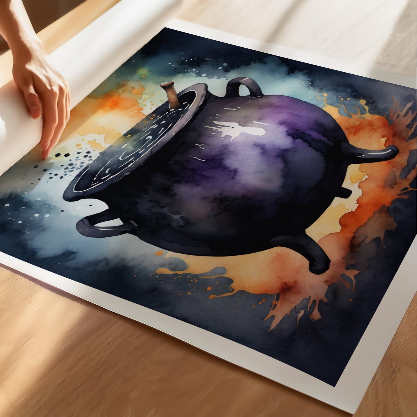 “Potion Cauldron” viser en mørk heksegryte i dyp lilla, omgitt av flammer og glødende damp. Illustrasjon viser plakat på print.