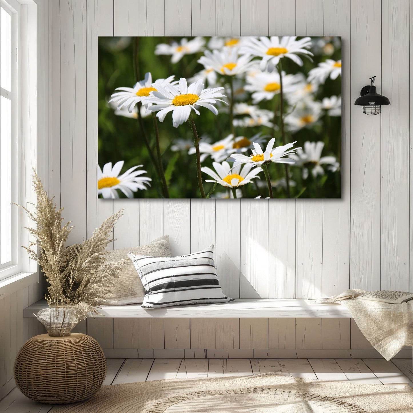 Dette fotografiet viser Prestekrageblomster med sine strålende hvite kronblad og solgule senter. Illustrasjonsfoto viser motivet på lerret.