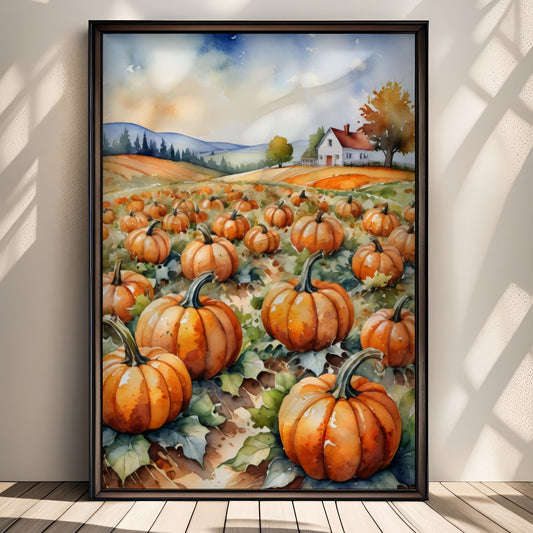 “Pumpkin Fields” er et varmt og høstlig motiv med en gresskaråker badet i sollys.  Illustrasjon viser plakat uten hvit kant i sort ramme.