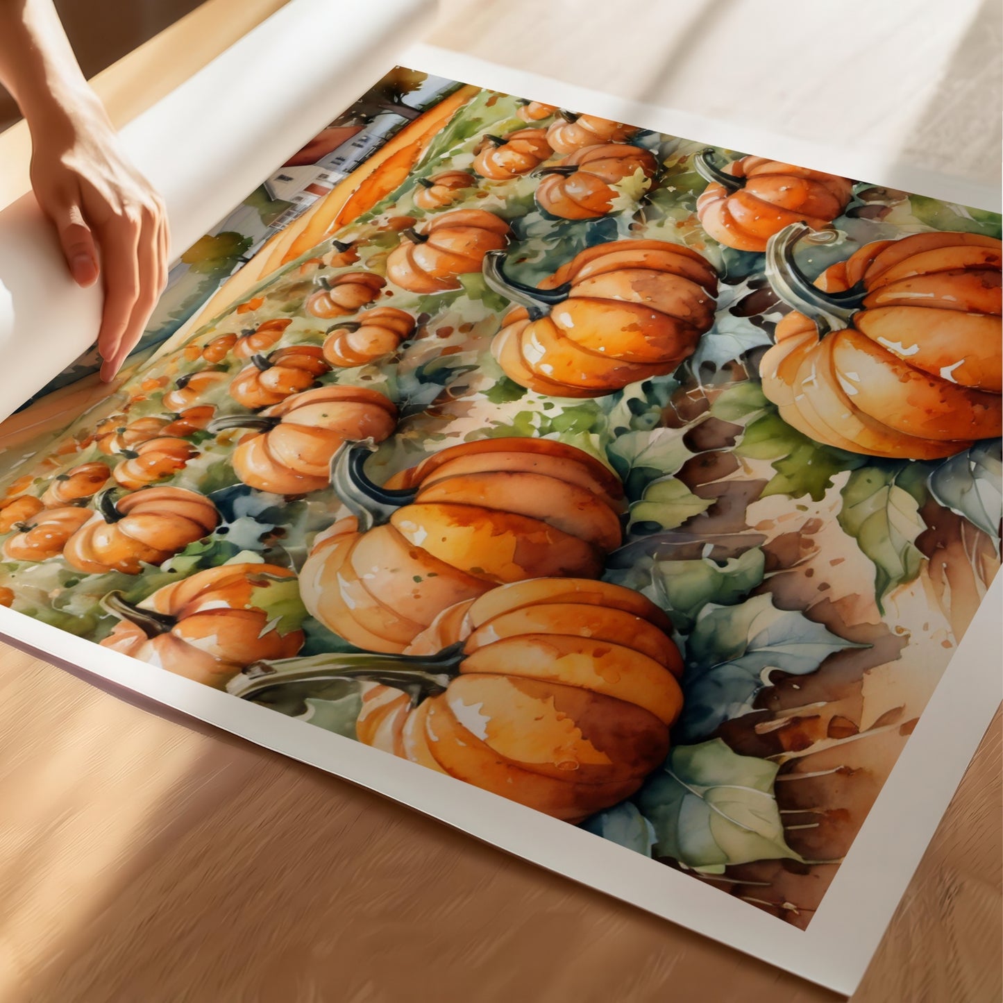 “Pumpkin Fields” er et varmt og høstlig motiv med en gresskaråker badet i sollys. Illustrasjon viser plakat på print.