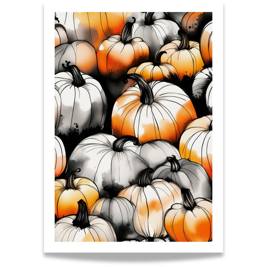 Pumpkin Patch Delight, en fargerik Halloween-plakat som viser en rik samling av gresskar i varme oransje og hvite toner.