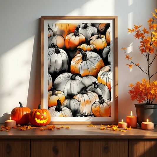 Pumpkin Patch Delight, en fargerik Halloween-plakat som viser en rik samling av gresskar i varme oransje og hvite toner. Illustrasjon viser plakat i eik ramme.
