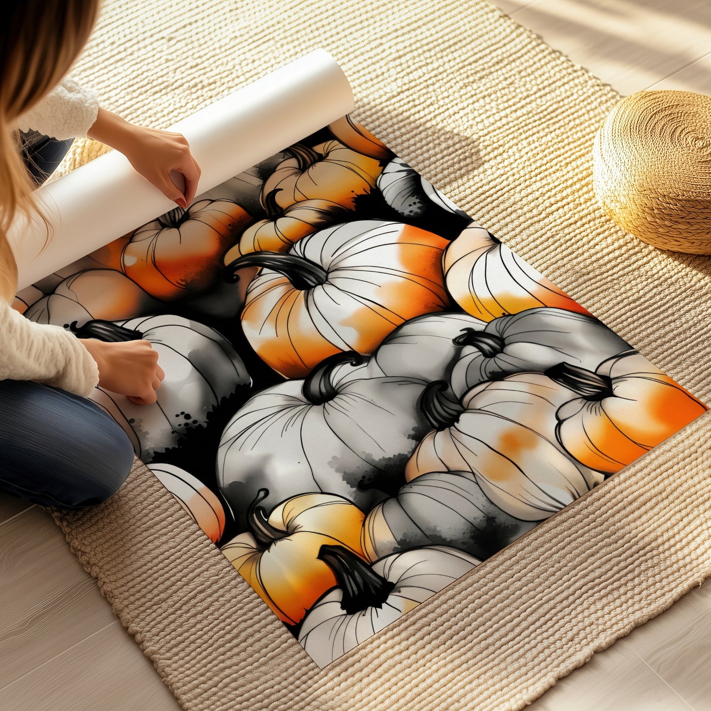 Pumpkin Patch Delight, en fargerik Halloween-plakat som viser en rik samling av gresskar i varme oransje og hvite toner. Illustrasjon viser plakat på print.