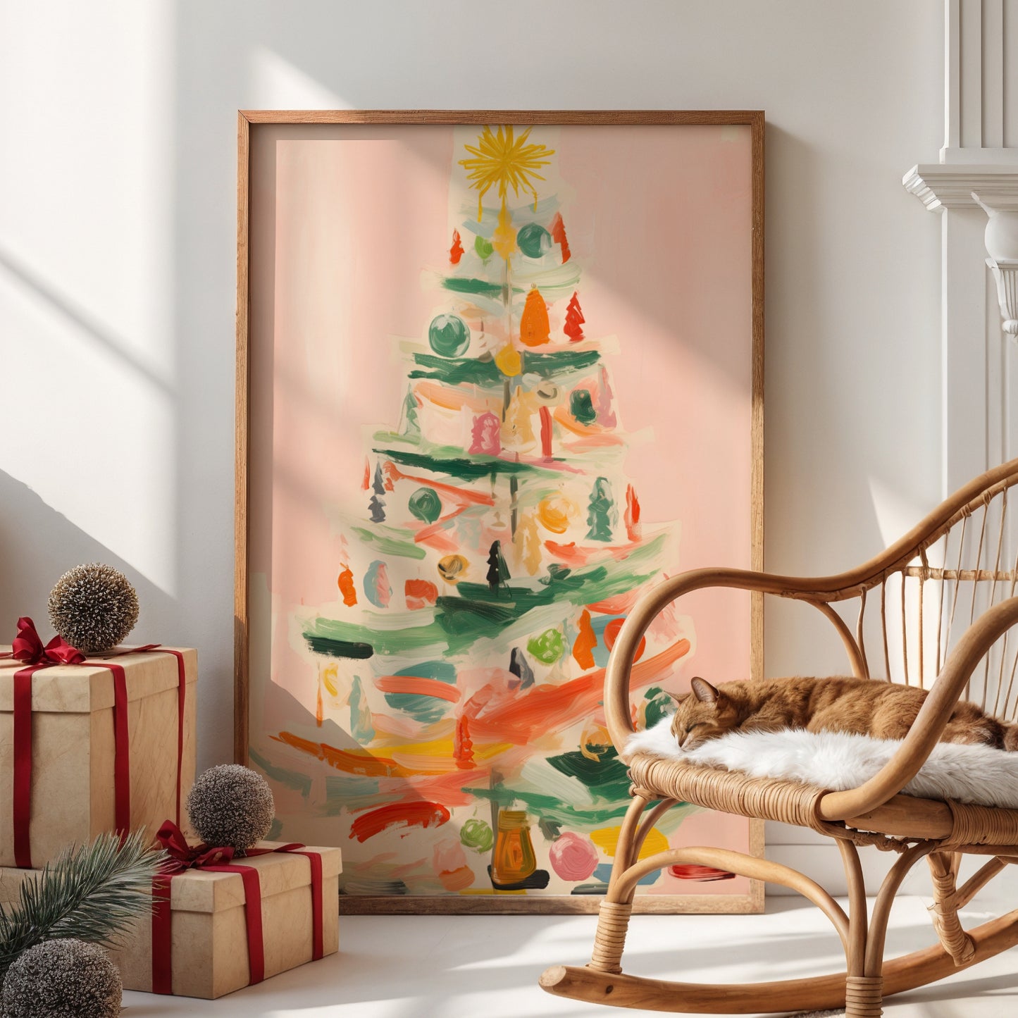 En kunstnerisk og abstrakt tolkning av juletreet – malerisk uttrykk med varme penselstrøk og julemagi. Illustrasjon viser plakat uten hvit kantlinje i ramme.