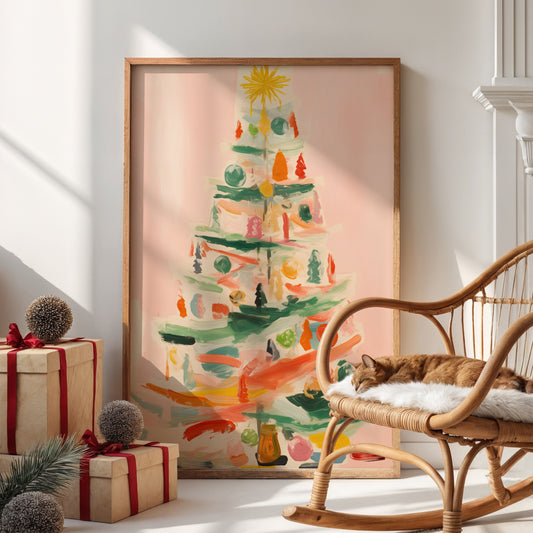 En kunstnerisk og abstrakt tolkning av juletreet – malerisk uttrykk med varme penselstrøk og julemagi. Illustrasjon viser plakat uten hvit kantlinje i ramme.