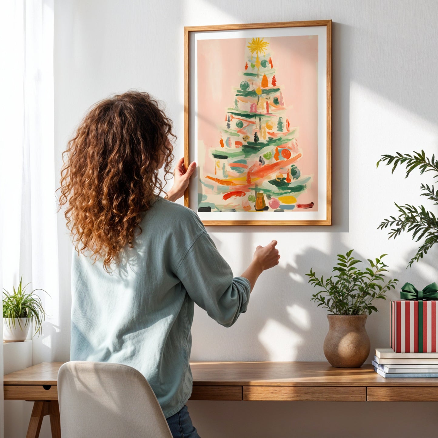 En kunstnerisk og abstrakt tolkning av juletreet – malerisk uttrykk med varme penselstrøk og julemagi. Illustrasjon viser plakat uten hvit kantlinje i ramme.
