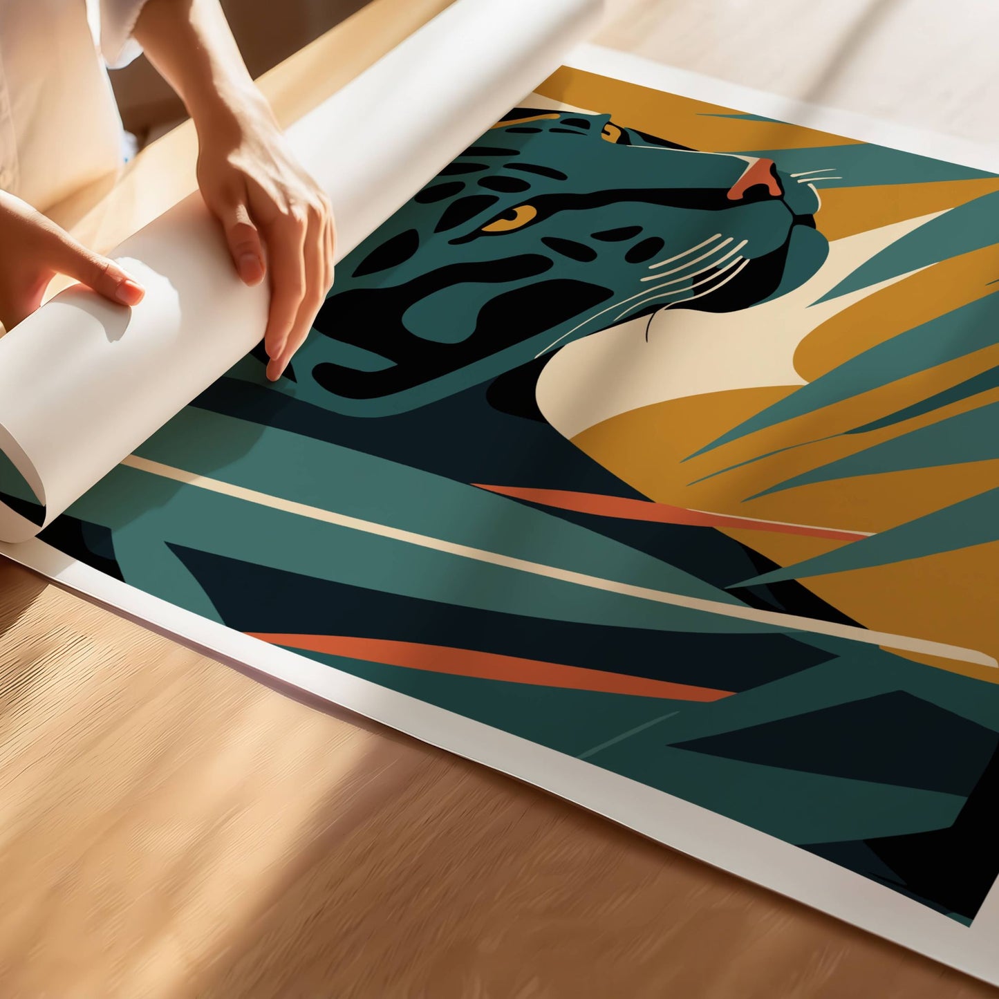 Denne kunstneriske illustrasjonen viser en panter som skjuler seg blant tett vegetasjon, med intense ravgule øyne og en unik fargepalett som skaper dybde og dramatikk. Illustrasjon viser print av plakat.