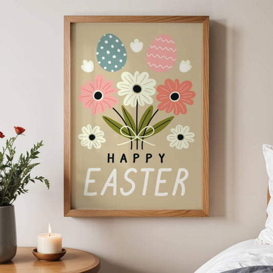Denne stilfulle påskeplakaten kombinerer delikate vårblomster og påskeegg i myke pastellfarger, skapt for å gi en lun og harmonisk stemning. Illustrasjonen viser plakat uten hvit kant i eik ramme.