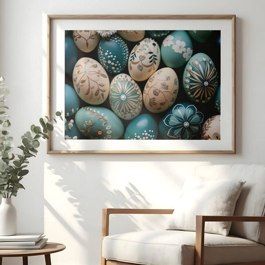 Dette unike motivet kombinerer håndmalte påskeegg i nydelige nyanser av tiffany-blå, krem og gull, og bringer en sofistikert og delikat følelse til hjemmet ditt. Illustrasjon viser plakat med passepartout i eik ramme.