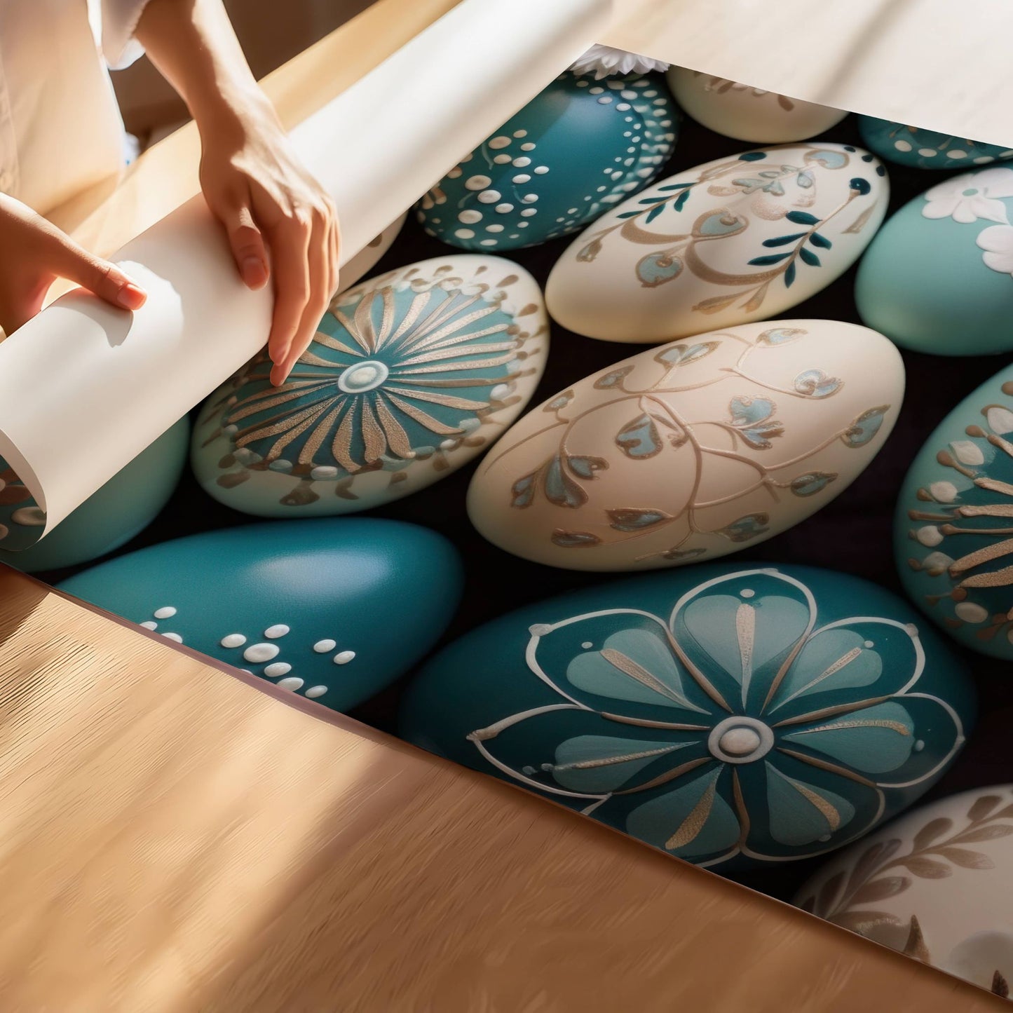 Dette unike motivet kombinerer håndmalte påskeegg i nydelige nyanser av tiffany-blå, krem og gull, og bringer en sofistikert og delikat følelse til hjemmet ditt. Illustrasjon viser plakat på print.