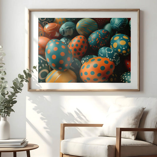 Dette fengslende motivet viser en samling påskeegg i sterke kontraster mellom dype blågrønne og varme oransje toner, dekorert med unike prikker, mønstre og grafiske elementer. Illustrasjon viser plakat med passepartout i eik ramme.
