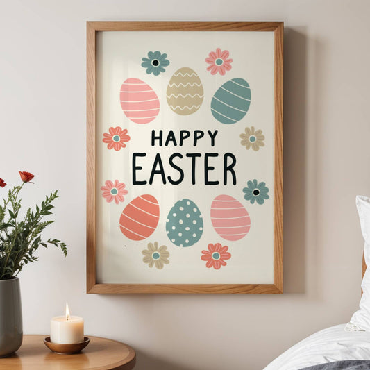 Denne stemningsfulle påskeplakaten har et sjarmerende design med fargerike påskeegg og blomster, perfekt for å skape en lun og festlig påskestemning. Illustrasjon viser plakat uten hvit kant i eik ramme.
