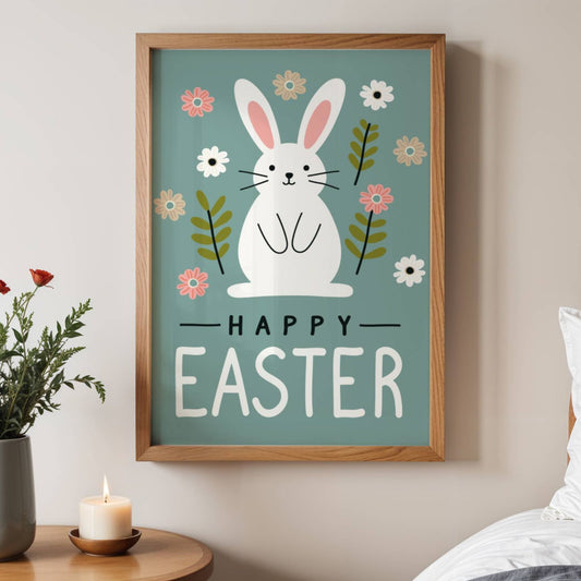 Denne stilrene påskeplakaten har et elegant design med en søt hvit påskehare omgitt av delikate vårblomster og naturlige blader, perfekt satt mot en beroligende grønn bakgrunn. Illustrasjon viser plakat uten hvit kant i eik ramme.