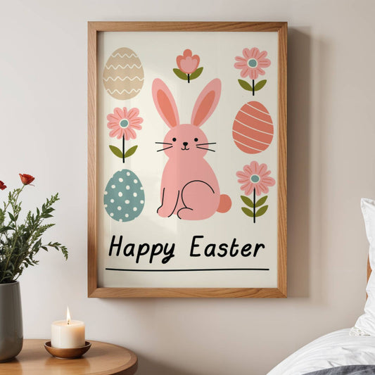 Denne vakre påskeplakaten har et minimalistisk og moderne design med en søt påskehare, påskeegg og blomster i myke pastellfarger. Illustrasjon viser plakat uten hvit kant i eik ramme.