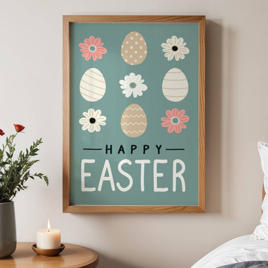 Denne dekorative påskeplakaten kombinerer vakre pastellfarger, stilrene påskeegg og delikate blomstermotiver for å gi hjemmet ditt en varm og livlig påskefeiring. Illustrasjon viser plakat uten hvit kant i eik ramme.