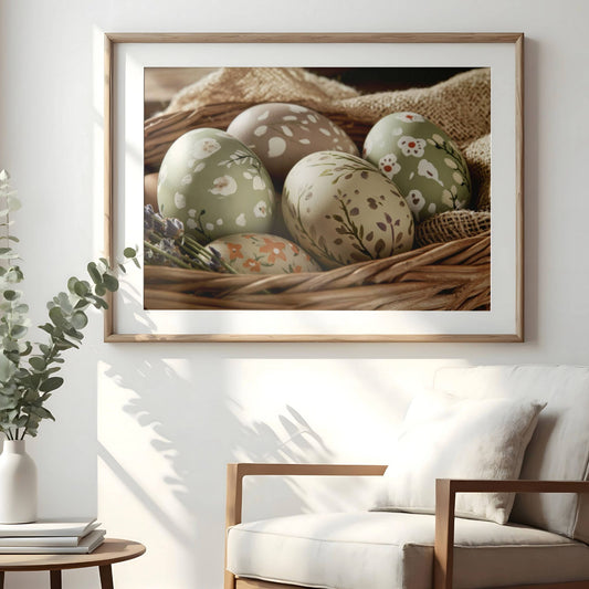 Dette elegante motivet fremhever håndmalte påskeegg i duse jordtoner med delikate blomsterdetaljer. Illustrasjonen viser plakat med passepartout i eik ramme.
