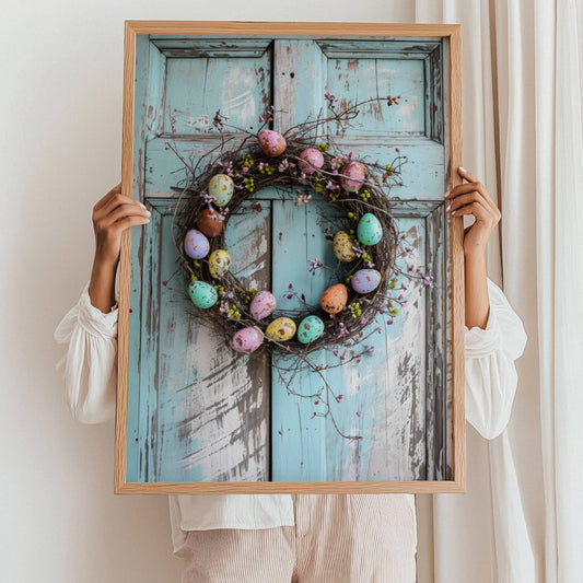 Gi hjemmet ditt en følelse av påske med denne herlige plakaten som viser en nydelig krans av kvister og blomster, pyntet med delikate påskeegg i duse pastellfarger. Illustrasjon viser plakat uten hvit kant i ramme.