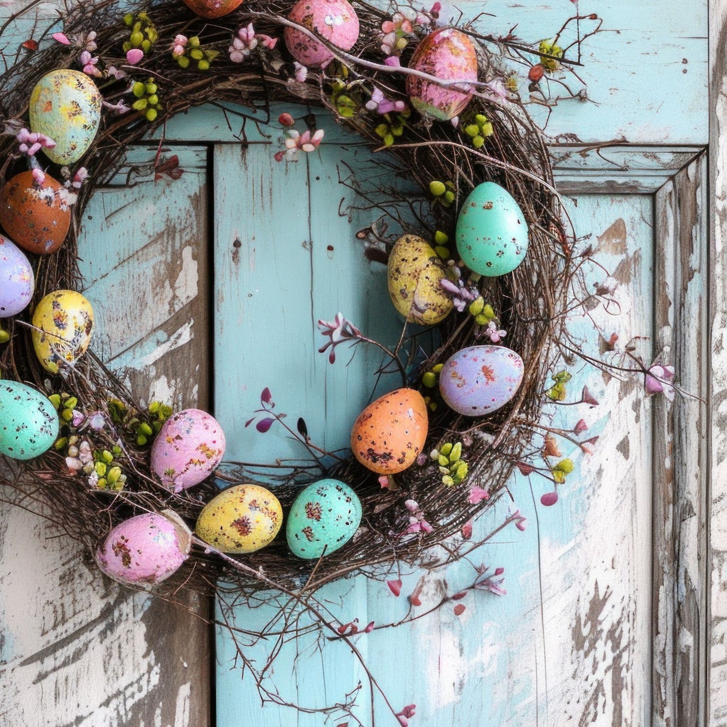 Gi hjemmet ditt en følelse av påske med denne herlige plakaten som viser en nydelig krans av kvister og blomster, pyntet med delikate påskeegg i duse pastellfarger.