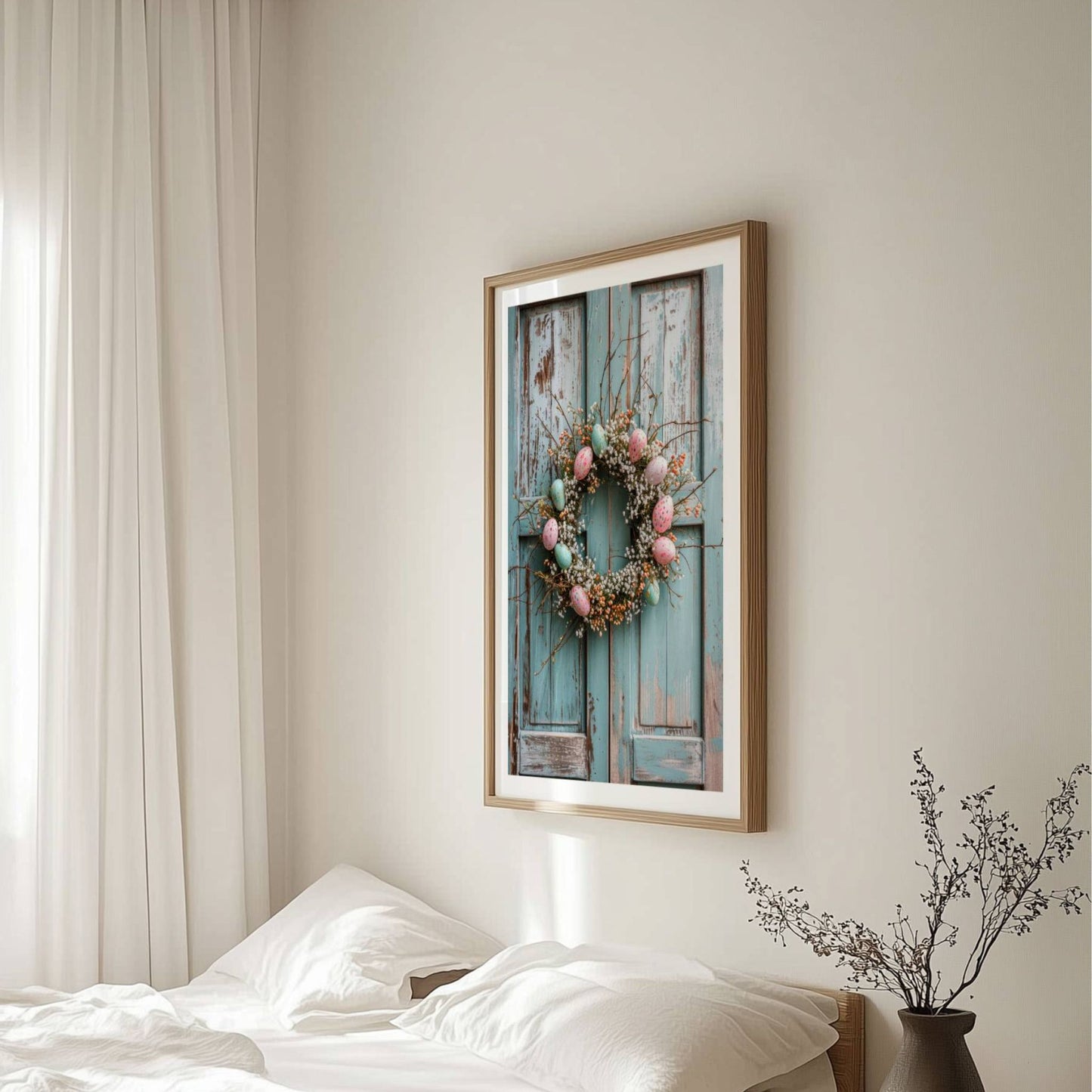 Gi hjemmet ditt en følelse av påske med denne herlige plakaten som viser en nydelig krans av kvister og blomster, pyntet med delikate påskeegg i duse pastellfarger. Illustrasjon viser plakat med hvit kant i ramme.