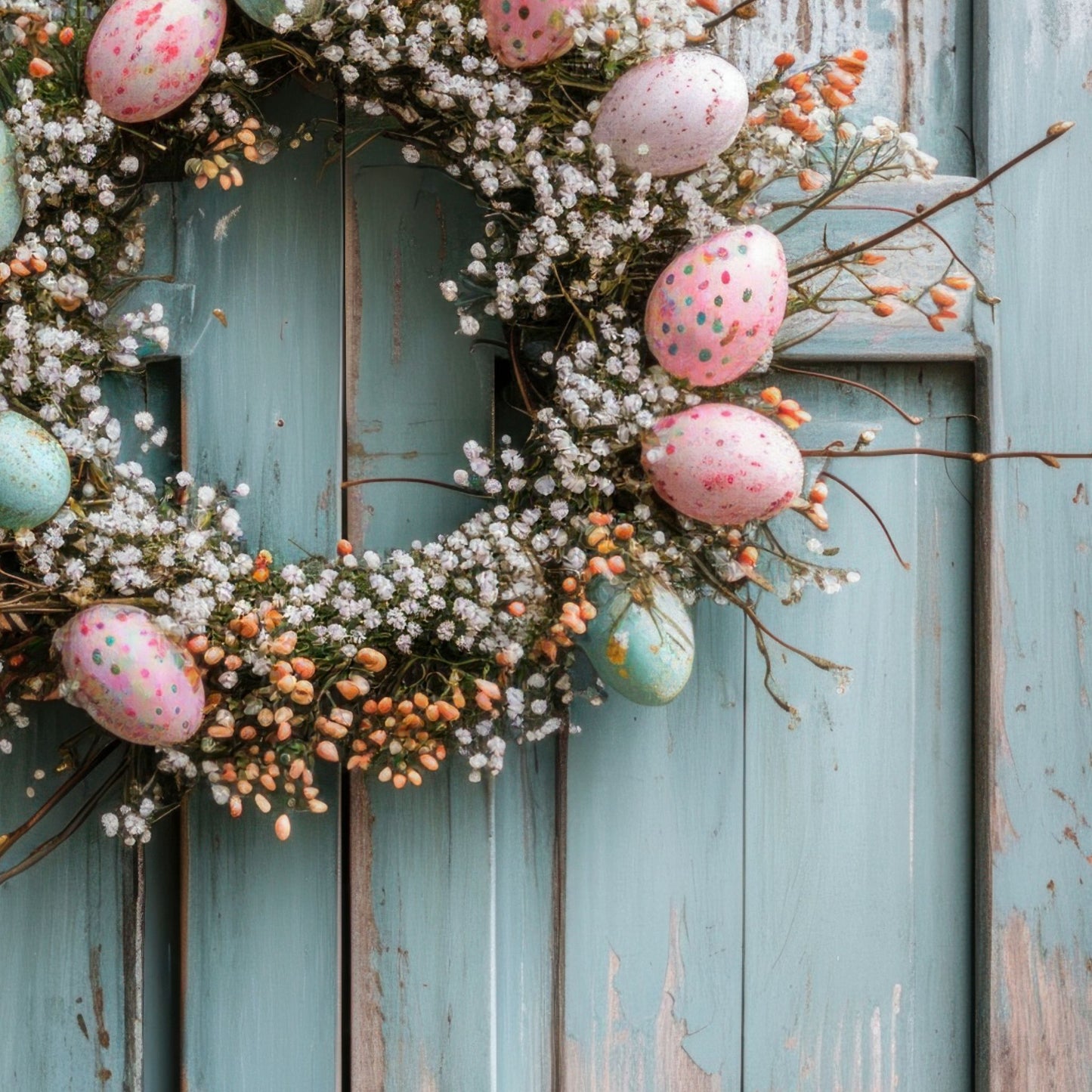 Gi hjemmet ditt en følelse av påske med denne herlige plakaten som viser en nydelig krans av kvister og blomster, pyntet med delikate påskeegg i duse pastellfarger.