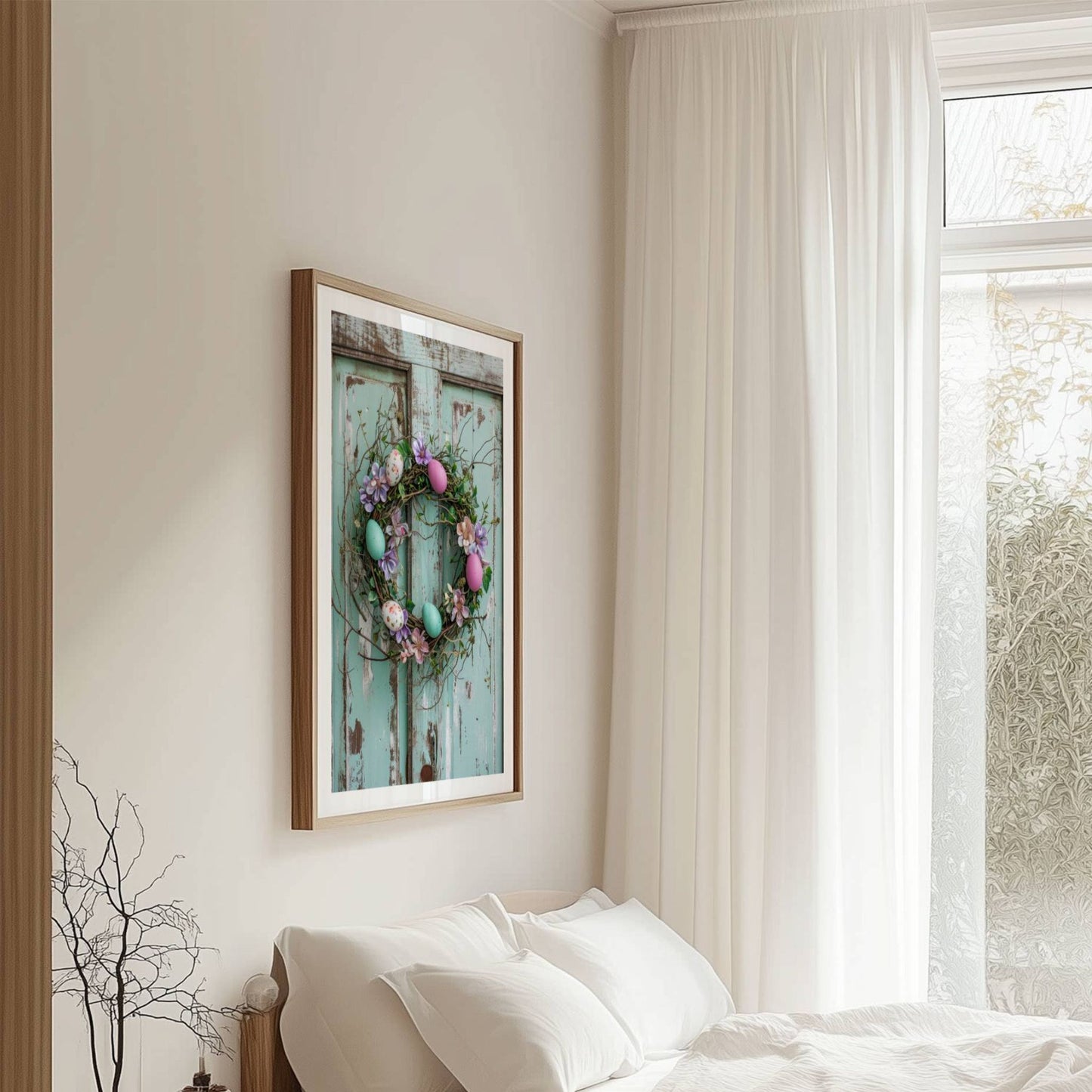 Gi hjemmet ditt en følelse av påske med denne herlige plakaten som viser en nydelig krans av kvister og blomster, pyntet med delikate påskeegg i duse pastellfarger. Illustrasjon viser plakat med hvit kant i ramme.