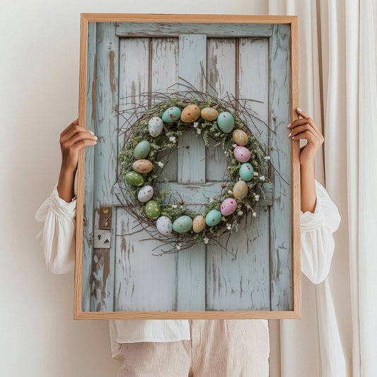 Gi hjemmet ditt en følelse av påske med denne herlige plakaten som viser en nydelig krans av kvister og blomster, pyntet med delikate påskeegg i duse pastellfarger. Illustrasjon viser plakat uten hvit kant i ramme.