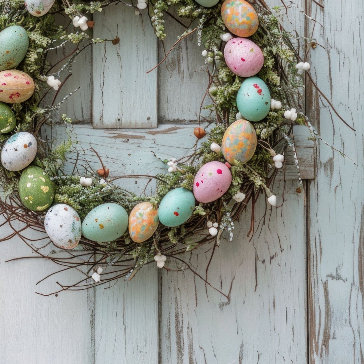 Gi hjemmet ditt en følelse av påske med denne herlige plakaten som viser en nydelig krans av kvister og blomster, pyntet med delikate påskeegg i duse pastellfarger.