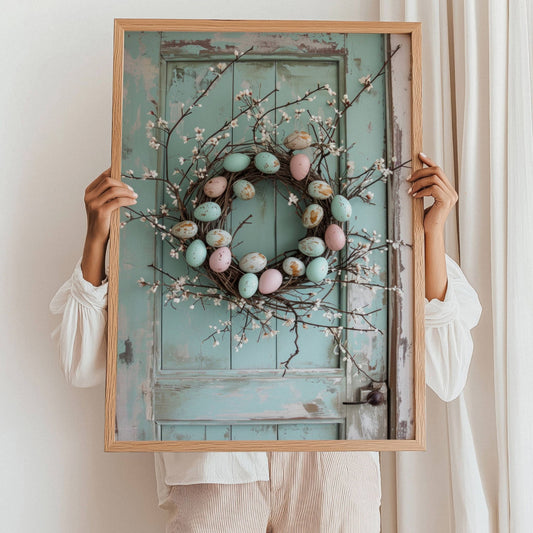 Gi hjemmet ditt en følelse av påske med denne herlige plakaten som viser en nydelig krans av kvister og blomster, pyntet med delikate påskeegg i duse pastellfarger. Illustrasjon viser plakat uten hvit kant i ramme.