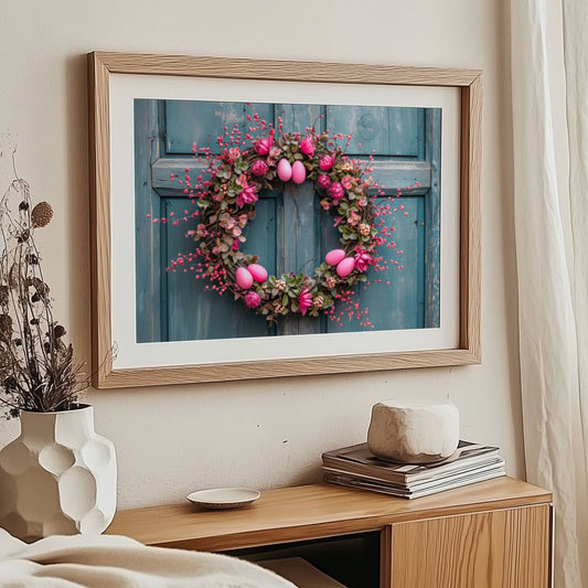 Denne vakre illustrasjonen fanger essensen av påske og vår med en frodig krans fylt med blomster, bær og sarte rosa påskeegg. Illustrasjonen viser motivet som plakat i ramme med passepartout.